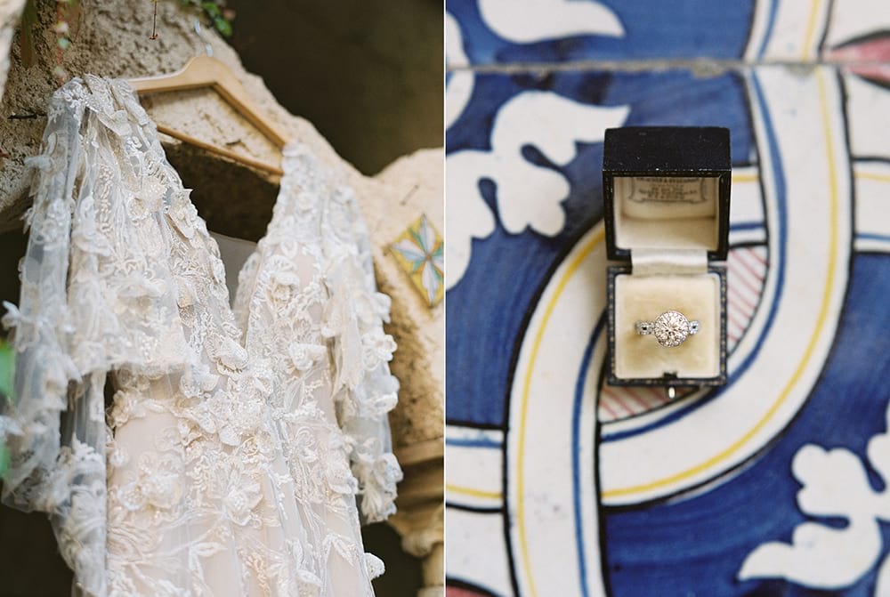 wedding villa cimbrone ravello, italy wedding dress marchesa and wedding ring on tile