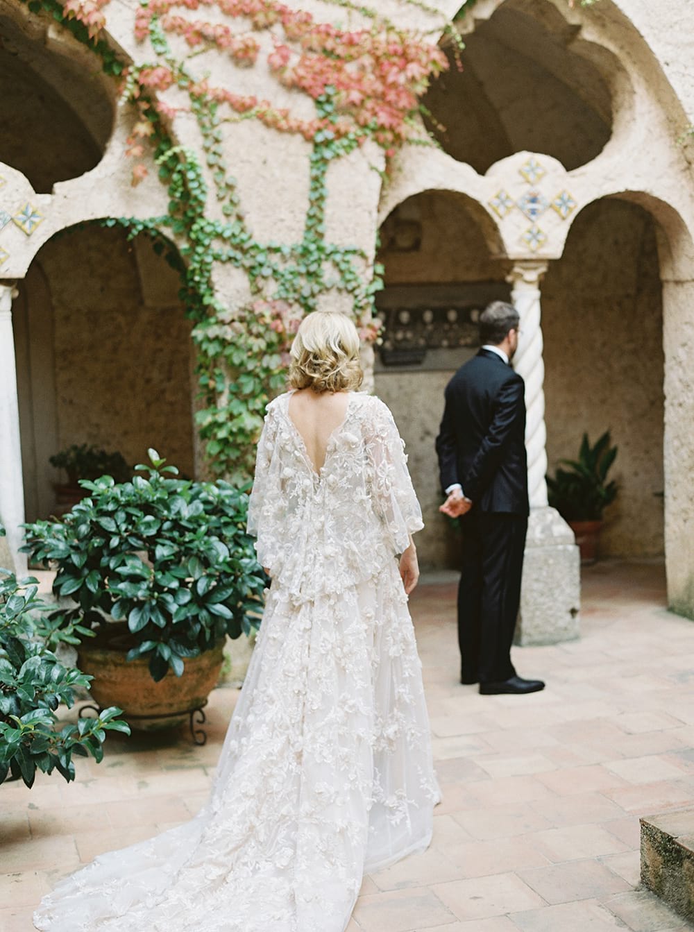 wedding villa cimbrone ravello, italy bride and groom first look photos
