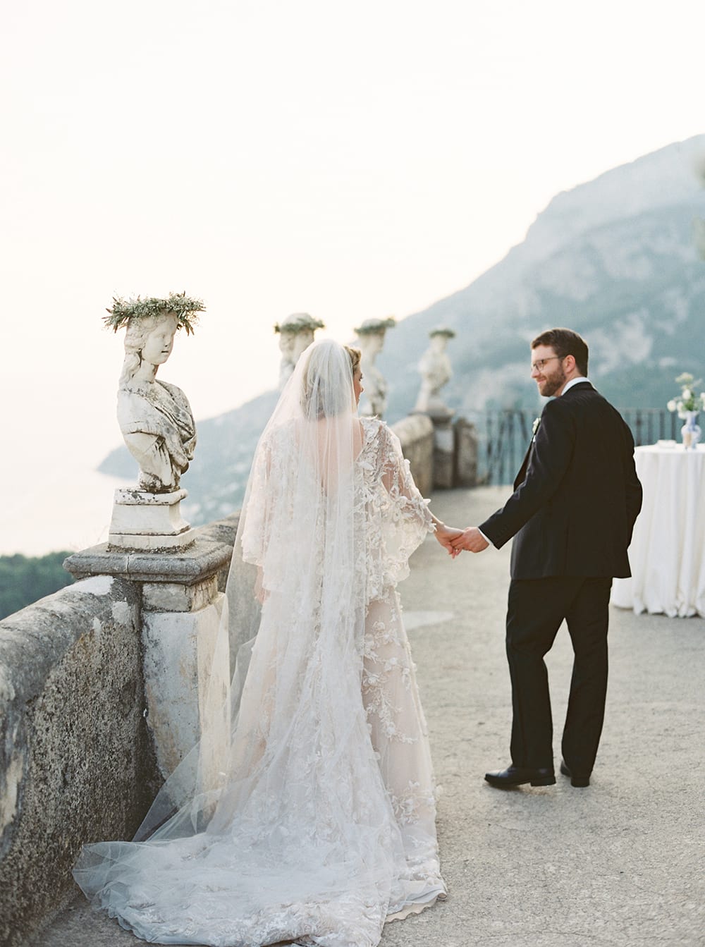 wedding villa cimbrone ravello, italy bride and groom photos on terrace of infinity
