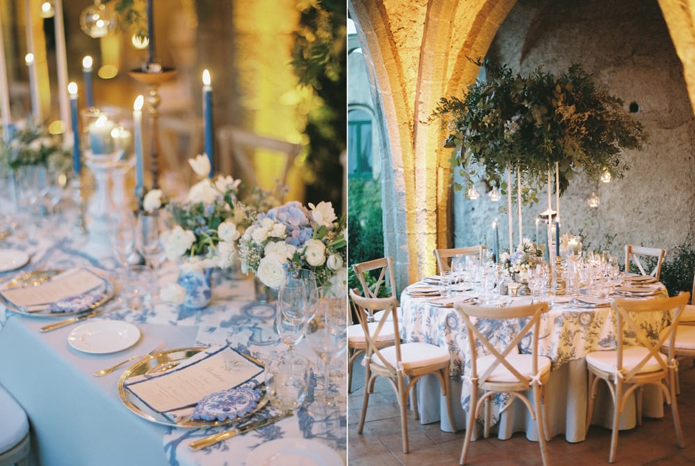 wedding villa cimbrone reception blue and white with greenery